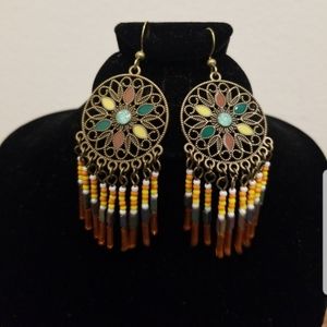 New Boho Earrings Bronze Drop Gold Chandelier Multicolor Orange Round Vintage